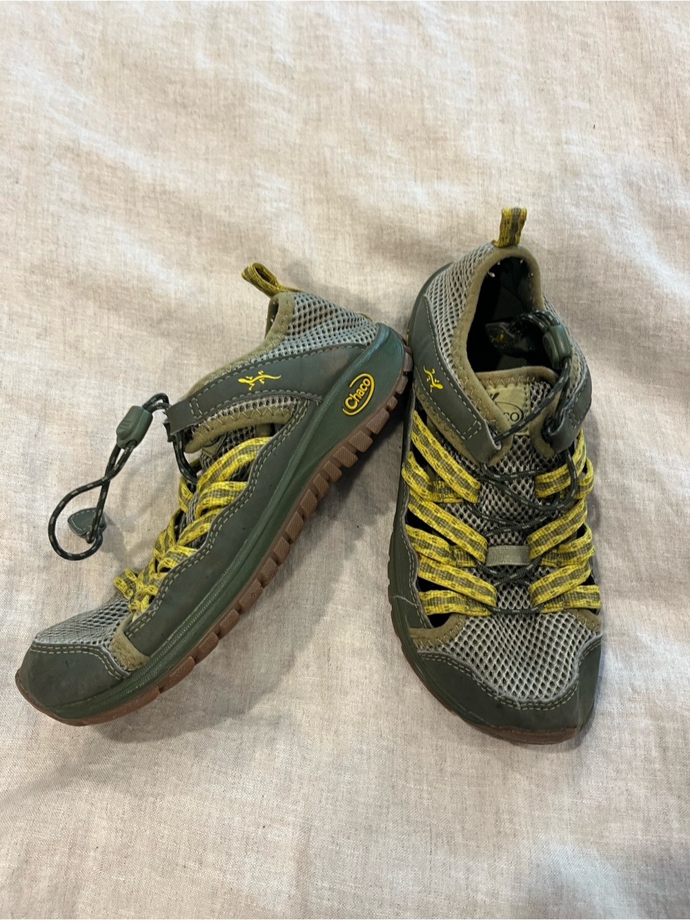 Chaco kids Athletic Trail Shoes in Olive Green and Yellow Accent